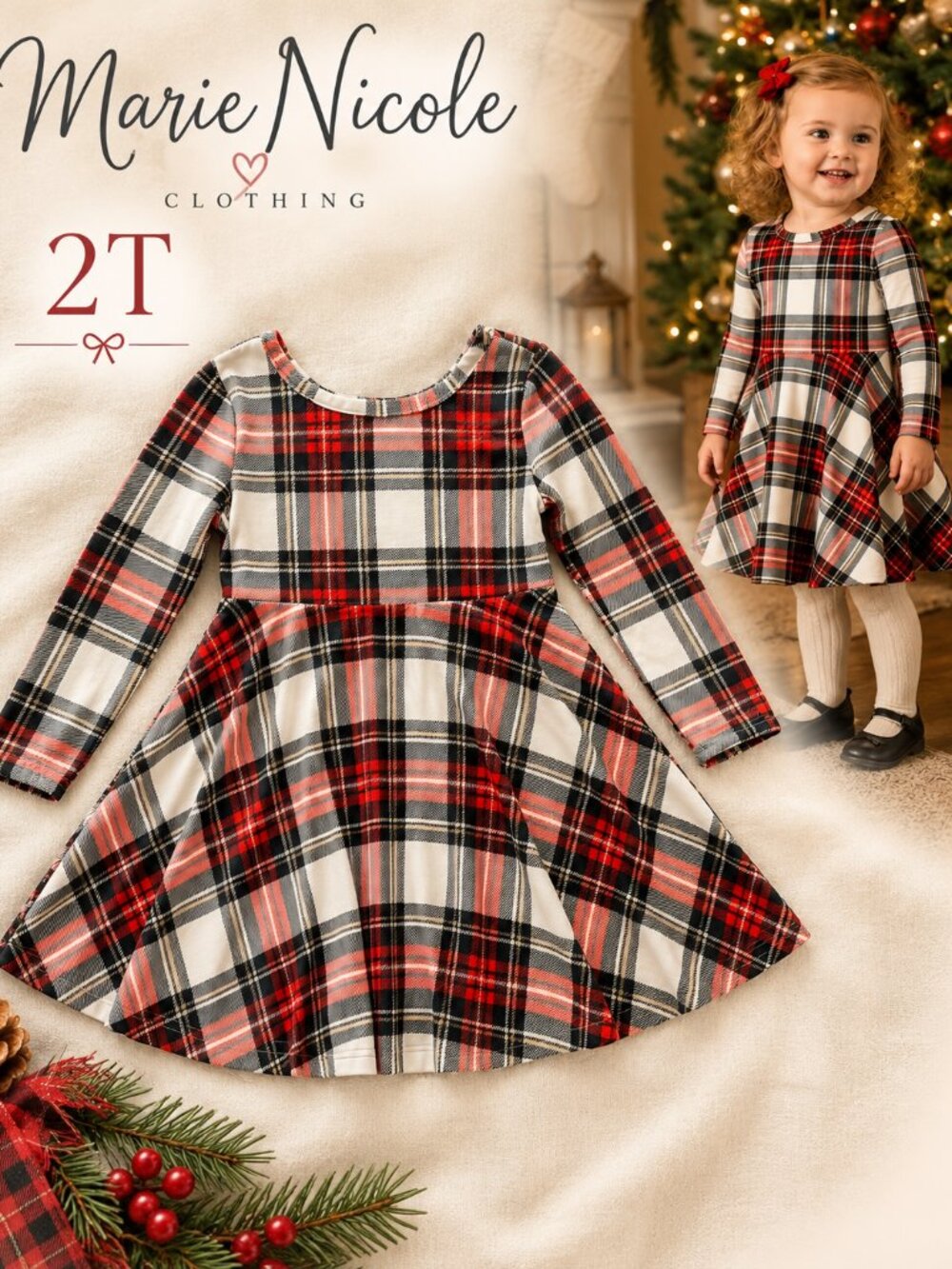 Marie Nicole Girls 2T Plaid Christmas Dress Red Black Holiday Twirl